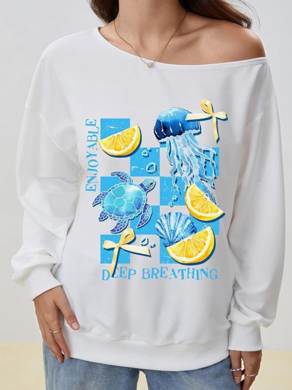 Chic Nation White Off-Shoulder Sweatshirt with Blue Ocean & Lemon Graphic